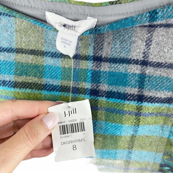 NWT J. Jill Green Blue Wool Plaid Fringe Skirt 8 - Picture 7 of 12